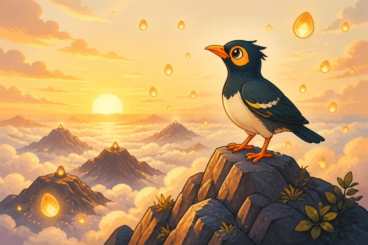 The myna bird flying over rolling hills