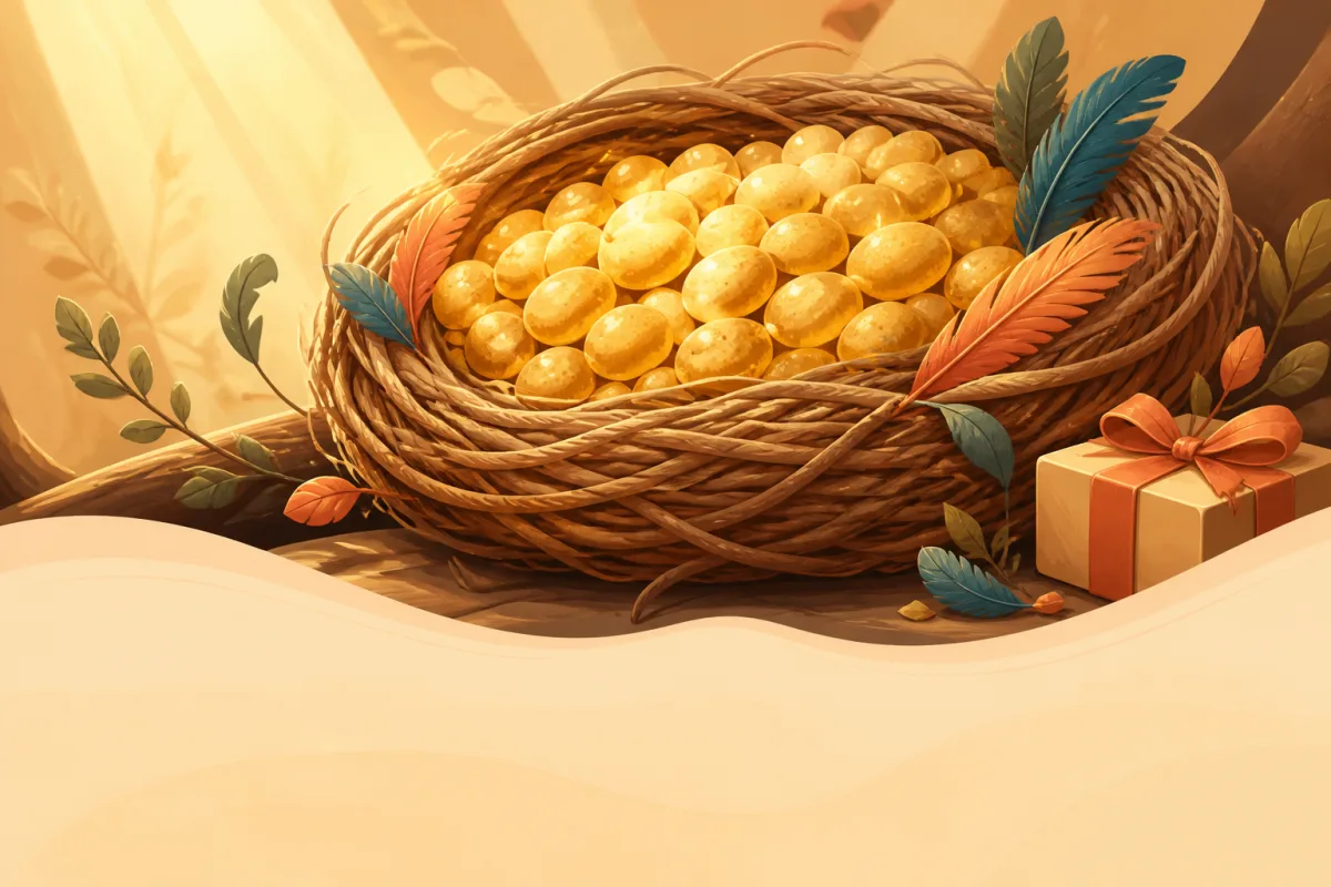 A woven nest overflowing with glowing golden pebbles, bright feathers and a small gift