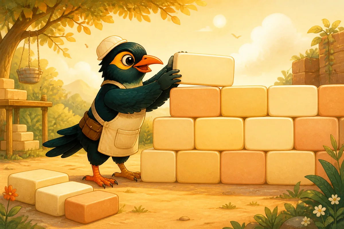 A library of little birdhouses, each holding a glowing word pebble, as the myna files a new one away