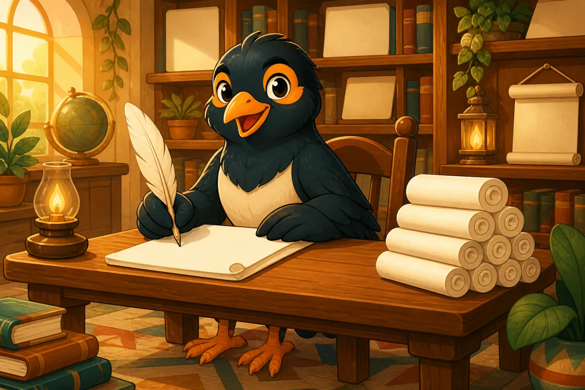 The myna bird at a little exam desk with a feather quill and paper scrolls