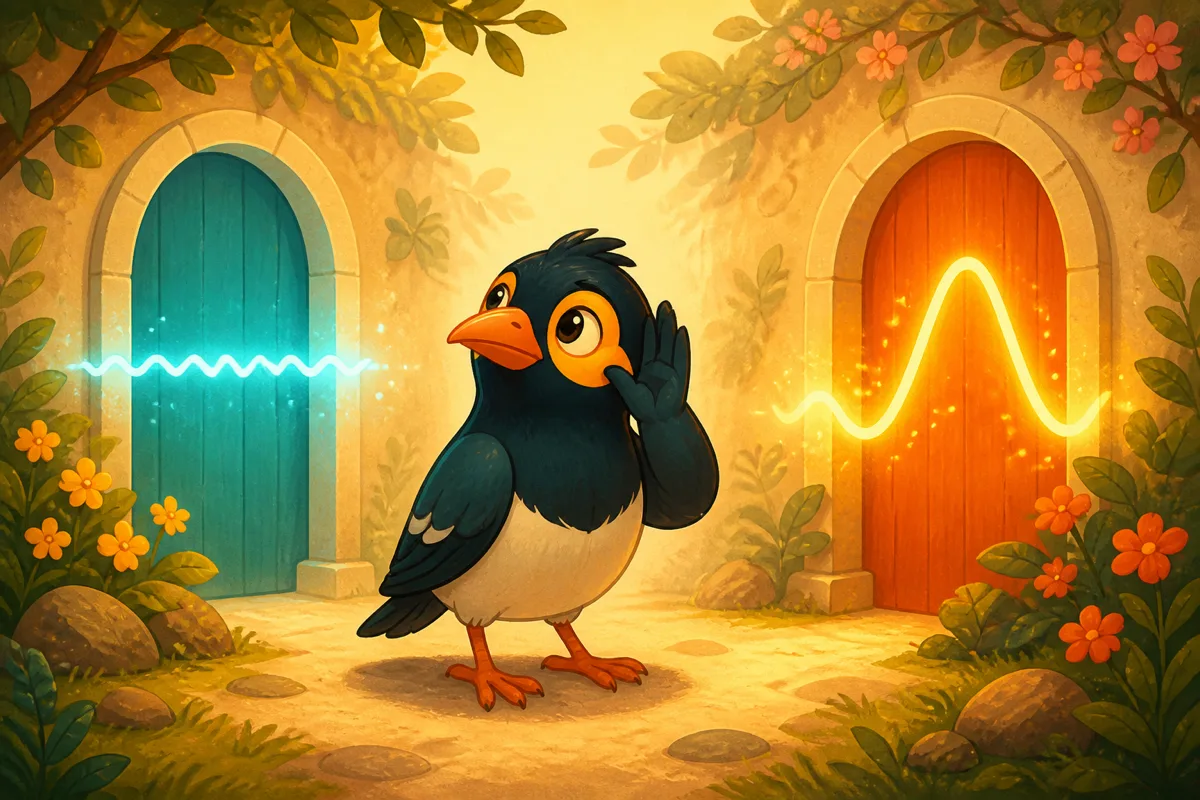 The myna bird between two glowing doors, each humming a different tone wave