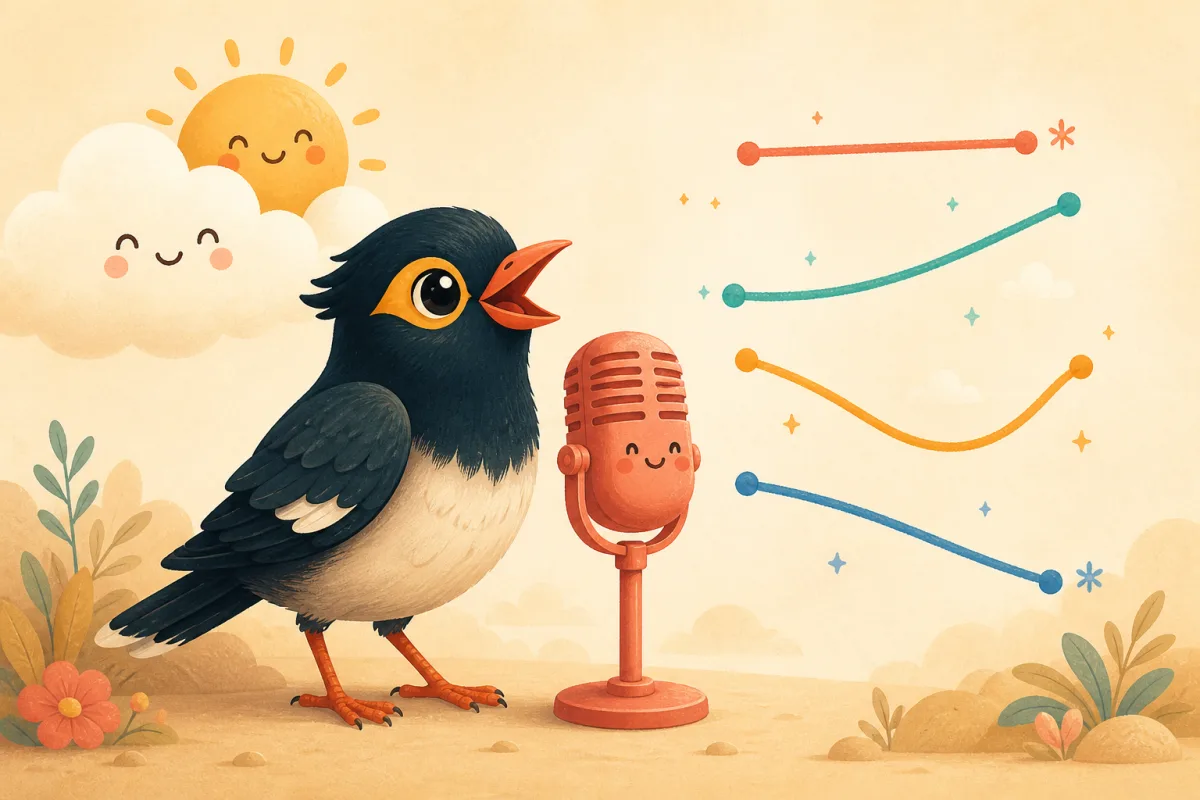 The myna bird singing into a microphone, tone curves floating in the air