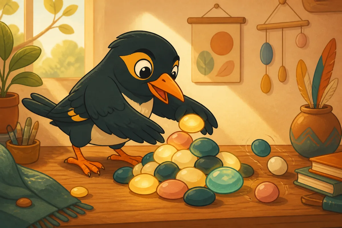 The myna bird tidying a playful pile of glowing word pebbles