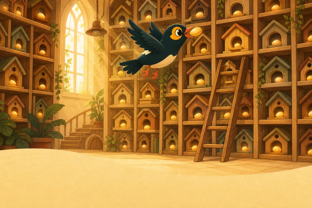 A library of little birdhouses, each holding a glowing word pebble, as the myna files a new one away